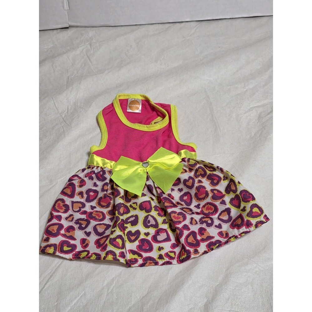 Simply Dog Neon Pink & Yellow Heart Print Dog Dress Size Small
